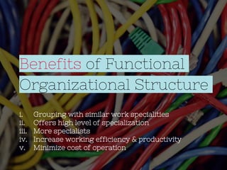 Benefits of Functional
Organizational Structure
i. Grouping with similar work specialities
ii. Offers high level of specialization
iii. More specialists
iv. Increase working efficiency & productivity
v. Minimize cost of operation
 