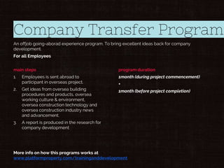 Company Transfer Program
An offjob going-aborad experience program. To bring excellent ideas back for company
development.
For all Employees
main steps
1. Employees is sent abroad to
participant in overseas project.
2. Get ideas from oversea building
procedures and products, oversea
working culture & environment,
oversea construction technology and
oversea construction industry news
and advancement.
3. A report is produced in the research for
company development
program duration
1month (during project commencement)
+
1month (before project completion)
More info on how this programs works at
www.platformproperty.com/traininganddevelopment
 