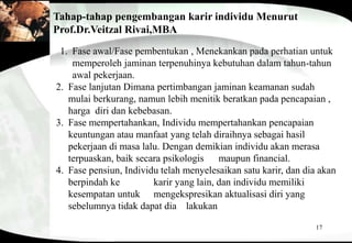 17
Tahap-tahap pengembangan karir individu Menurut
Prof.Dr.Veitzal Rivai,MBA
1. Fase awal/Fase pembentukan , Menekankan pada perhatian untuk
memperoleh jaminan terpenuhinya kebutuhan dalam tahun-tahun
awal pekerjaan.
2. Fase lanjutan Dimana pertimbangan jaminan keamanan sudah
mulai berkurang, namun lebih menitik beratkan pada pencapaian ,
harga diri dan kebebasan.
3. Fase mempertahankan, Individu mempertahankan pencapaian
keuntungan atau manfaat yang telah diraihnya sebagai hasil
pekerjaan di masa lalu. Dengan demikian individu akan merasa
terpuaskan, baik secara psikologis maupun financial.
4. Fase pensiun, Individu telah menyelesaikan satu karir, dan dia akan
berpindah ke karir yang lain, dan individu memiliki
kesempatan untuk mengekspresikan aktualisasi diri yang
sebelumnya tidak dapat dia lakukan
 