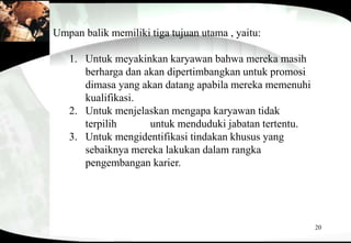 20
Umpan balik memiliki tiga tujuan utama , yaitu:
1. Untuk meyakinkan karyawan bahwa mereka masih
berharga dan akan dipertimbangkan untuk promosi
dimasa yang akan datang apabila mereka memenuhi
kualifikasi.
2. Untuk menjelaskan mengapa karyawan tidak
terpilih untuk menduduki jabatan tertentu.
3. Untuk mengidentifikasi tindakan khusus yang
sebaiknya mereka lakukan dalam rangka
pengembangan karier.
 