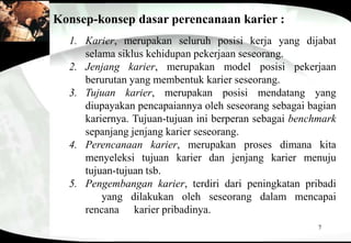 7
Konsep-konsep dasar perencanaan karier :
1. Karier, merupakan seluruh posisi kerja yang dijabat
selama siklus kehidupan pekerjaan seseorang.
2. Jenjang karier, merupakan model posisi pekerjaan
berurutan yang membentuk karier seseorang.
3. Tujuan karier, merupakan posisi mendatang yang
diupayakan pencapaiannya oleh seseorang sebagai bagian
kariernya. Tujuan-tujuan ini berperan sebagai benchmark
sepanjang jenjang karier seseorang.
4. Perencanaan karier, merupakan proses dimana kita
menyeleksi tujuan karier dan jenjang karier menuju
tujuan-tujuan tsb.
5. Pengembangan karier, terdiri dari peningkatan pribadi
yang dilakukan oleh seseorang dalam mencapai
rencana karier pribadinya.
 