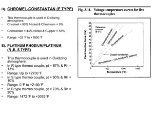 D). CHROMEL-CONSTANTAN (E TYPE)
• This thermocouple is used in Oxidizing
atmosphere.
• Chromel = 90% Nickel & Chromium = 9%
• Constantan = 44% Nickel & Cupper = 55%
• Range: +32 o
F to +1600 o
F
E). PLATINUM RHODIUM/PLATINUM
(R ,B, S TYPE)
• This thermocouple is used in Oxidizing
atmosphere.
• In R type thermo couple, pt = 87% & Rh =
13%
• Range: Up to +2700 o
F
• In S type thermo couple, pt = 90% & Rh =
10%
• Range: 0 o
F to +2100 o
F
• In B type thermo couple, pt = 70% & Rh =
30%
• Range: 1472 o
F to +3092 o
F
 