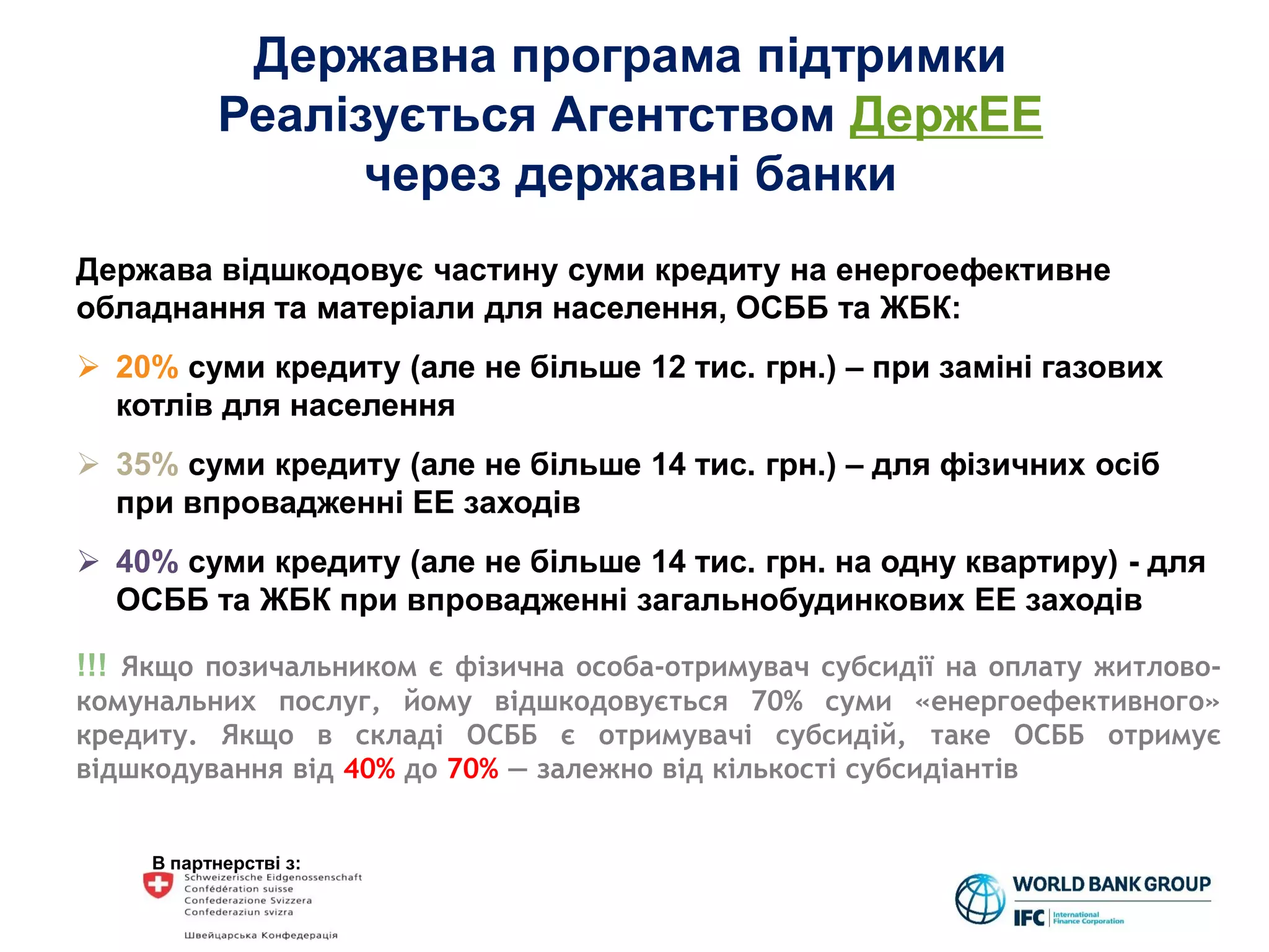 В партнерстві з:
Державна програма підтримки
Реалізується Агентством ДержЕЕ
через державні банки
Держава відшкодовує частину суми кредиту на енергоефективне
обладнання та матеріали для населення, ОСББ та ЖБК:
 20% суми кредиту (але не більше 12 тис. грн.) – при заміні газових
котлів для населення
 35% суми кредиту (але не більше 14 тис. грн.) – для фізичних осіб
при впровадженні ЕЕ заходів
 40% суми кредиту (але не більше 14 тис. грн. на одну квартиру) - для
ОСББ та ЖБК при впровадженні загальнобудинкових ЕЕ заходів
!!! Якщо позичальником є фізична особа-отримувач субсидії на оплату житлово-
комунальних послуг, йому відшкодовується 70% суми «енергоефективного»
кредиту. Якщо в складі ОСББ є отримувачі субсидій, таке ОСББ отримує
відшкодування від 40% до 70% — залежно від кількості субсидіантів
 