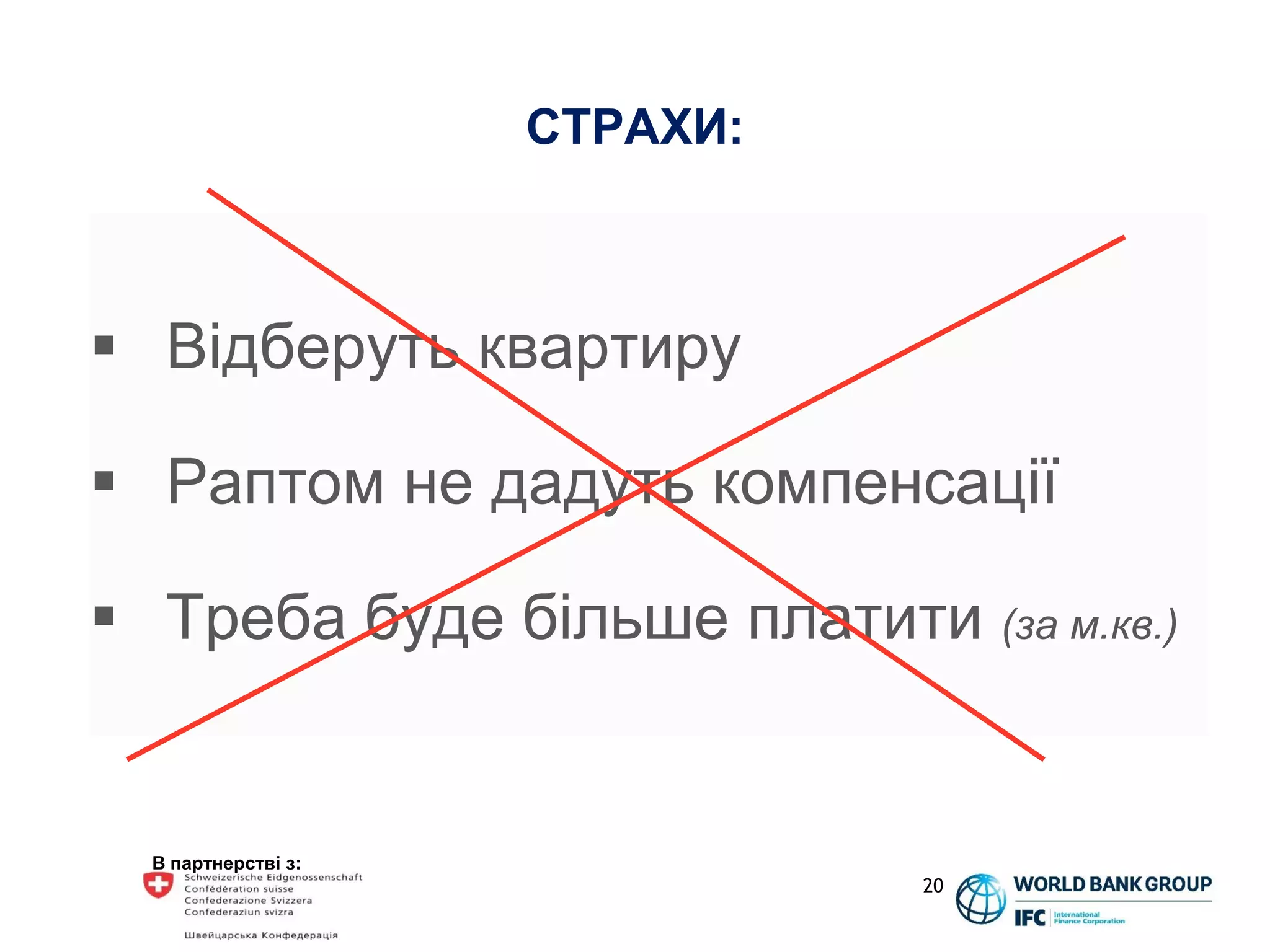 В партнерстві з:
 Відберуть квартиру
 Раптом не дадуть компенсації
 Треба буде більше платити (за м.кв.)
20
СТРАХИ:
 