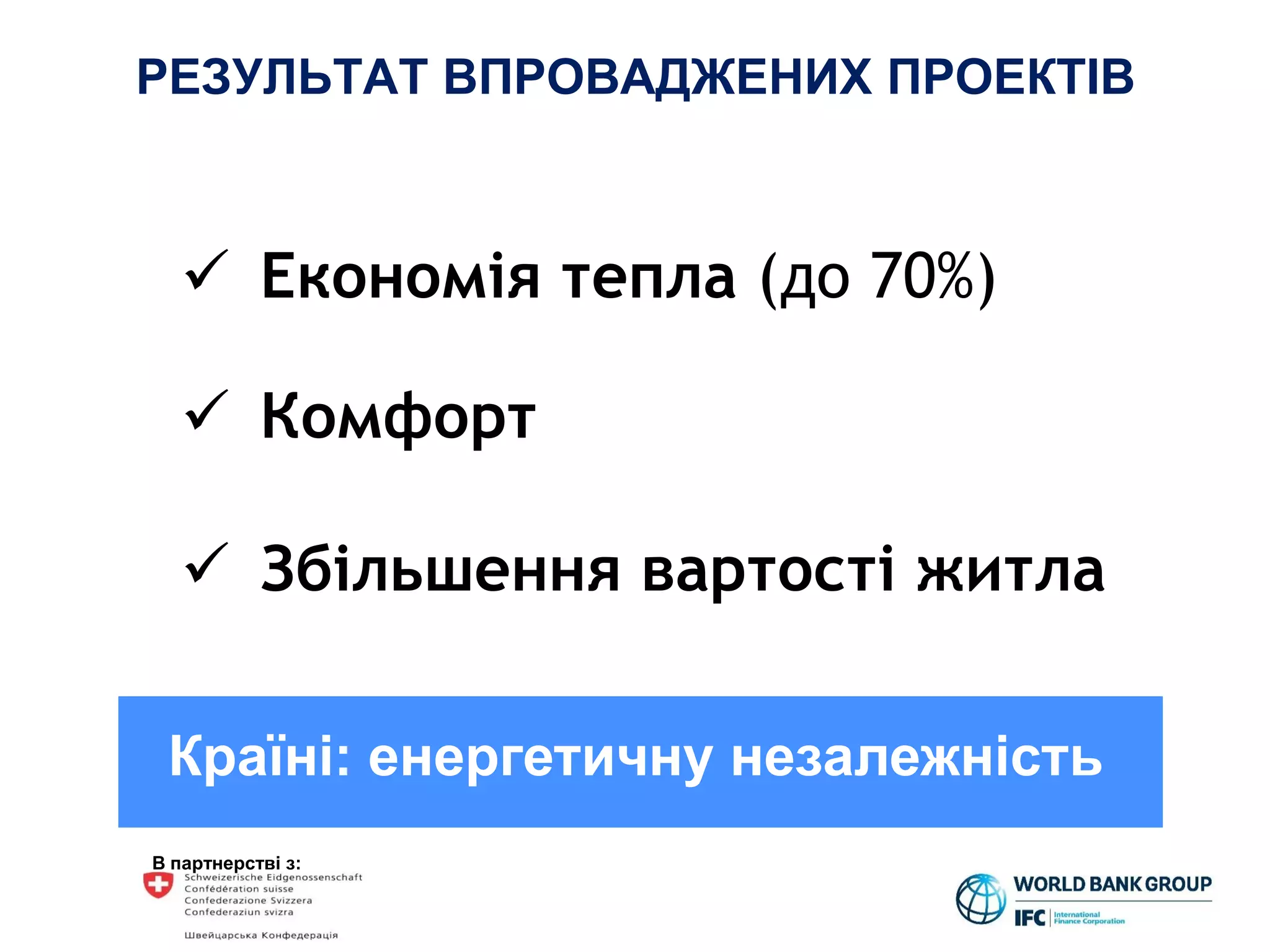 В партнерстві з:
РЕЗУЛЬТАТ ВПРОВАДЖЕНИХ ПРОЕКТІВ
 Економія тепла (до 70%)
 Збільшення вартості житла
 Комфорт
Країні: енергетичну незалежність
Мешканцям:
 