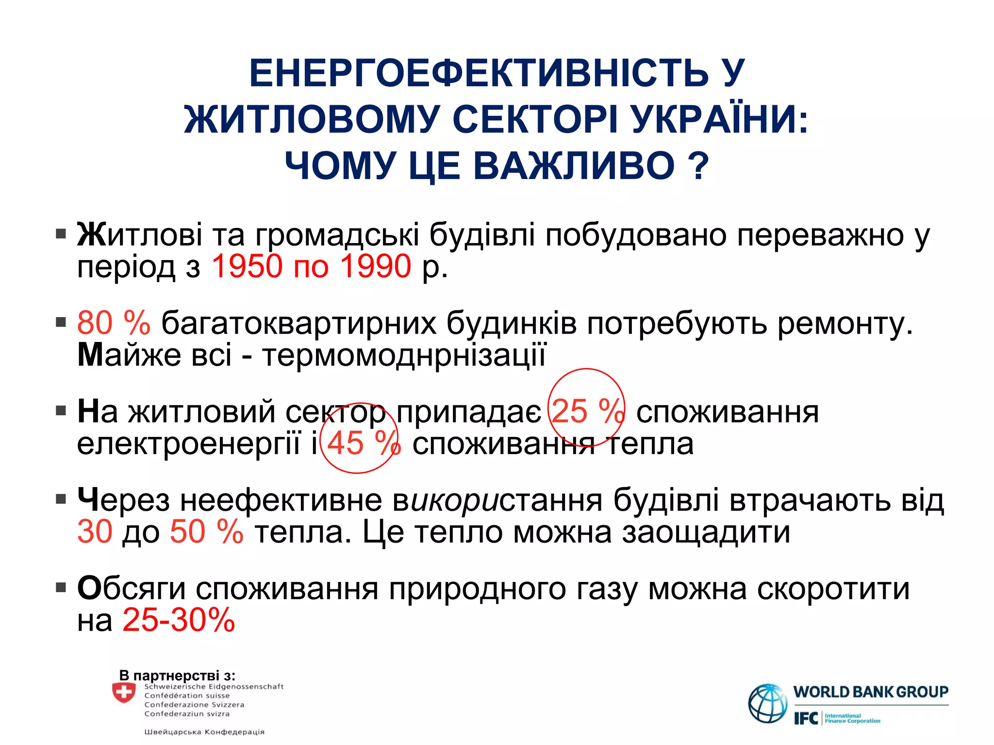 В партнерстві з:
 Житлові та громадські будівлі побудовано переважно у
період з 1950 по 1990 р.
 80 % багатоквартирних будинків потребують ремонту.
Майже всі - термомоднрнізації
 На житловий сектор припадає 25 % споживання
електроенергії і 45 % споживання тепла
 Через неефективне використання будівлі втрачають від
30 до 50 % тепла. Це тепло можна заощадити
 Обсяги споживання природного газу можна скоротити
на 25-30%
ЕНЕРГОЕФЕКТИВНІСТЬ У
ЖИТЛОВОМУ СЕКТОРІ УКРАЇНИ:
ЧОМУ ЦЕ ВАЖЛИВО ?
 