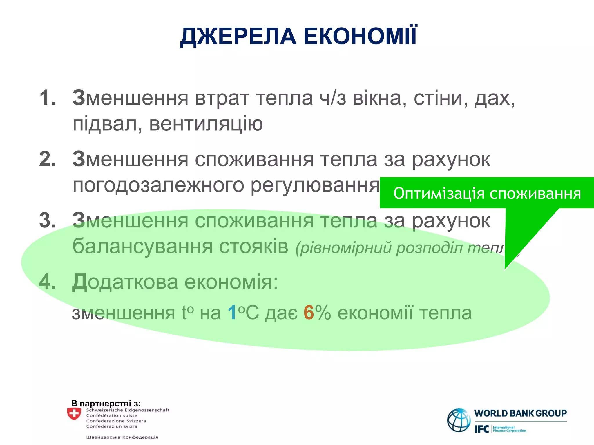 В партнерстві з:
1. Зменшення втрат тепла ч/з вікна, стіни, дах,
підвал, вентиляцію
2. Зменшення споживання тепла за рахунок
погодозалежного регулювання
3. Зменшення споживання тепла за рахунок
балансування стояків (рівномірний розподіл тепла)
4. Додаткова економія:
зменшення tо на 1оС дає 6% економії тепла
Оптимізація споживання
ДЖЕРЕЛА ЕКОНОМІЇ
 