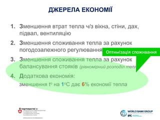 В партнерстві з:
1. Зменшення втрат тепла ч/з вікна, стіни, дах,
підвал, вентиляцію
2. Зменшення споживання тепла за рахунок
погодозалежного регулювання
3. Зменшення споживання тепла за рахунок
балансування стояків (рівномірний розподіл тепла)
4. Додаткова економія:
зменшення tо на 1оС дає 6% економії тепла
Оптимізація споживання
ДЖЕРЕЛА ЕКОНОМІЇ
 