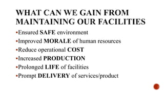 Ensured SAFE environment
Improved MORALE of human resources
Reduce operational COST
Increased PRODUCTION
Prolonged LIFE of facilities
Prompt DELIVERY of services/product
 