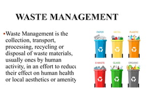 Waste Management is the
collection, transport,
processing, recycling or
disposal of waste materials,
usually ones by human
activity, in an effort to reduce
their effect on human health
or local aesthetics or amenity.
 