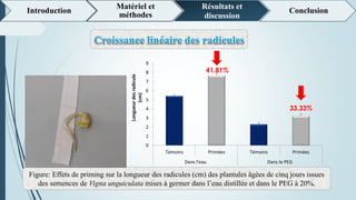 Introduction
Matériel et
méthodes
Résultats et
discussion
Conclusion
Figure: Effets de priming sur la longueur des radicules (cm) des plantules âgées de cinq jours issues
des semences de Vigna unguiculata mises à germer dans l’eau distillée et dans le PEG à 20%.
0
1
2
3
4
5
6
7
8
9
Témoins Primées Témoins Primées
Dans l'eau Dans le PEG
Longueurdesradicule
(cm)
41.81%
33.33%
 