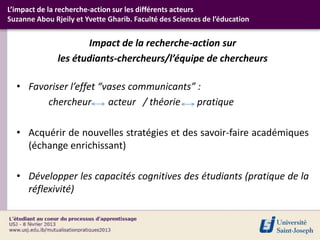 L’impact de la recherche-action sur les différents acteurs
Suzanne Abou Rjeily et Yvette Gharib. Faculté des Sciences de l’éducation


                      Impact de la recherche-action sur
               les étudiants-chercheurs/l’équipe de chercheurs

  • Favoriser l’effet “vases communicants” :
        chercheur       acteur / théorie   pratique

  • Acquérir de nouvelles stratégies et des savoir-faire académiques
    (échange enrichissant)

  • Développer les capacités cognitives des étudiants (pratique de la
    réflexivité)
 