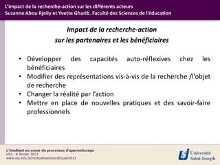 L’impact de la recherche-action sur les différents acteurs
Suzanne Abou Rjeily et Yvette Gharib. Faculté des Sciences de l’éducation


                          Impact de la recherche-action
                     sur les partenaires et les bénéficiaires

     • Développer des capacités auto-réflexives chez les
       bénéficiaires
     • Modifier des représentations vis-à-vis de la recherche /l’objet
       de recherche
     • Changer la réalité par l’action
     • Mettre en place de nouvelles pratiques et des savoir-faire
       professionnels
 