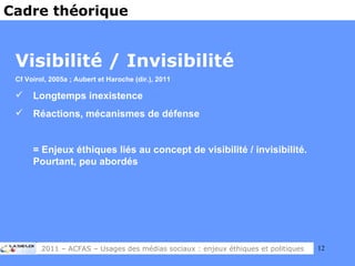 Visibilité / Invisibilité Cf Voirol, 2005a ; Aubert et Haroche (dir.), 2011 Longtemps inexistence Réactions, mécanismes de défense = Enjeux éthiques liés au concept de visibilité / invisibilité. Pourtant, peu abordés Cadre théorique 2011 – ACFAS – Usages des médias sociaux : enjeux éthiques et politiques 