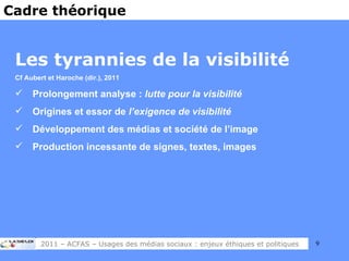 Les tyrannies de la visibilité Cf Aubert et Haroche (dir.), 2011 Prolongement analyse :  lutte pour la visibilité Origines et essor de  l’exigence de visibilité Développement des médias et société de l’image Production incessante de signes, textes, images Cadre théorique 2011 – ACFAS – Usages des médias sociaux : enjeux éthiques et politiques 