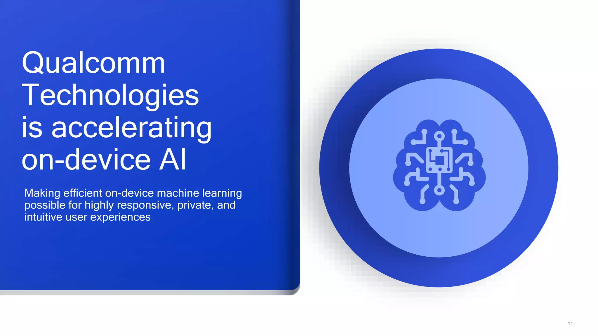 11
Qualcomm
Technologies
is accelerating
on-device AI
Making efficient on-device machine learning
possible for highly responsive, private, and
intuitive user experiences
 