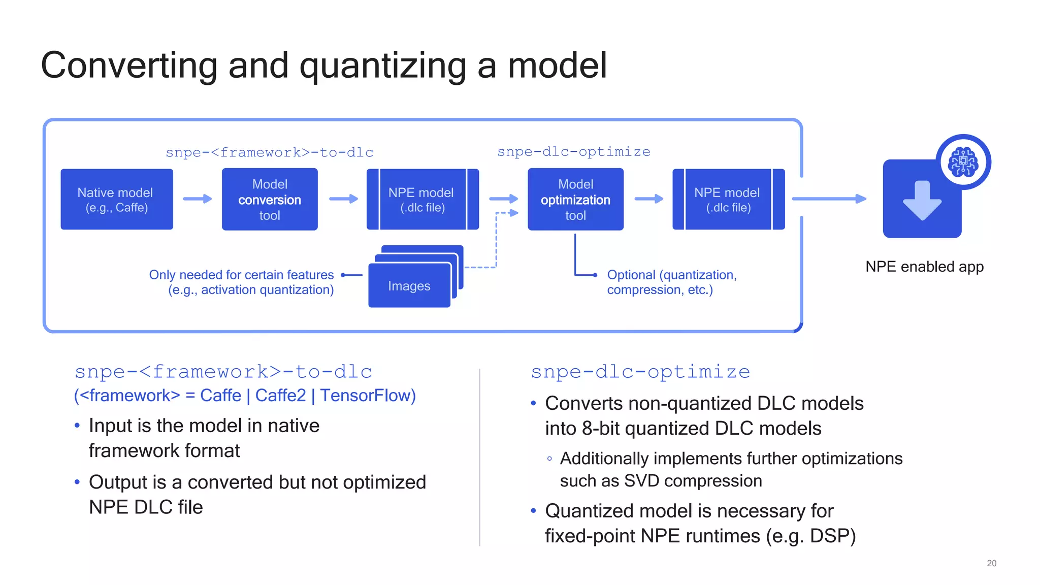 20
Converting and quantizing a model
Native model
(e.g., Caffe)
Model
conversion
tool
NPE model
(.dlc file)
Model
optimization
tool
NPE model
(.dlc file)
NPE enabled appOnly needed for certain features
(e.g., activation quantization)
Images
Images
Images
Optional (quantization,
compression, etc.)
snpe-<framework>-to-dlc snpe-dlc-optimize
snpe-<framework>-to-dlc
(<framework> = Caffe | Caffe2 | TensorFlow)
• Input is the model in native
framework format
• Output is a converted but not optimized
NPE DLC file
snpe-dlc-optimize
• Converts non-quantized DLC models
into 8-bit quantized DLC models
◦ Additionally implements further optimizations
such as SVD compression
• Quantized model is necessary for
fixed-point NPE runtimes (e.g. DSP)
 