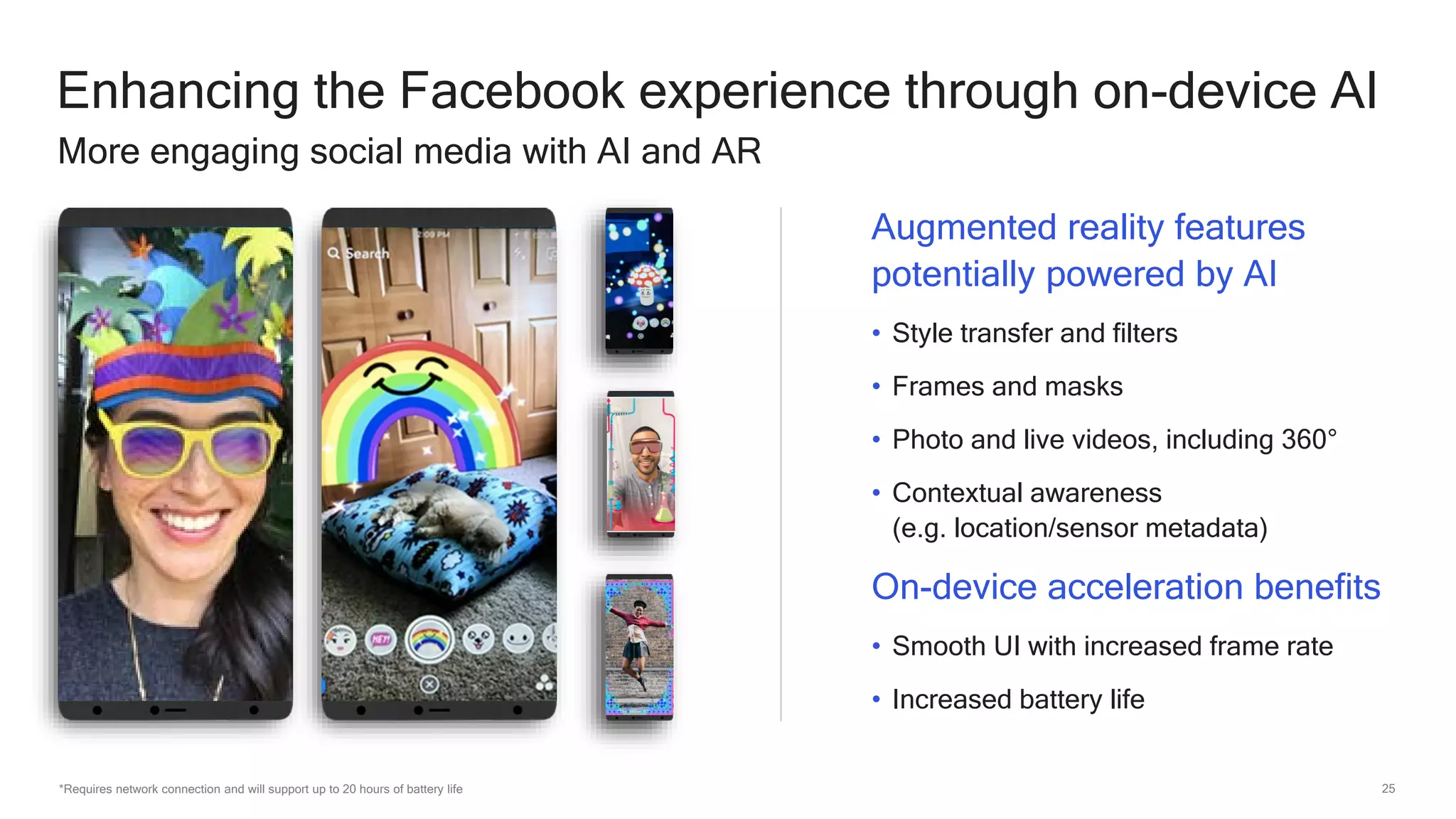 25
Enhancing the Facebook experience through on-device AI
Augmented reality features
potentially powered by AI
• Style transfer and filters
• Frames and masks
• Photo and live videos, including 360°
• Contextual awareness
(e.g. location/sensor metadata)
On-device acceleration benefits
• Smooth UI with increased frame rate
• Increased battery life
More engaging social media with AI and AR
*Requires network connection and will support up to 20 hours of battery life
 