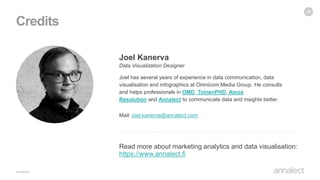 Credits
29
Joel has several years of experience in data communication, data
visualisation and infographics at Omnicom Media Group. He consults
and helps professionals in OMD, ToinenPHD, Ainoa
Resolution and Annalect to communicate data and insights better.
Joel Kanerva
Data Visualization Designer
Mail: joel.kanerva@annalect.com
Read more about marketing analytics and data visualisation:
https://www.annalect.fi
 