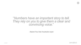 “Numbers have an important story to tell.
They rely on you to give them a clear and
convincing voice.”
6
- Stephen Few, Data Visualisation expert
 