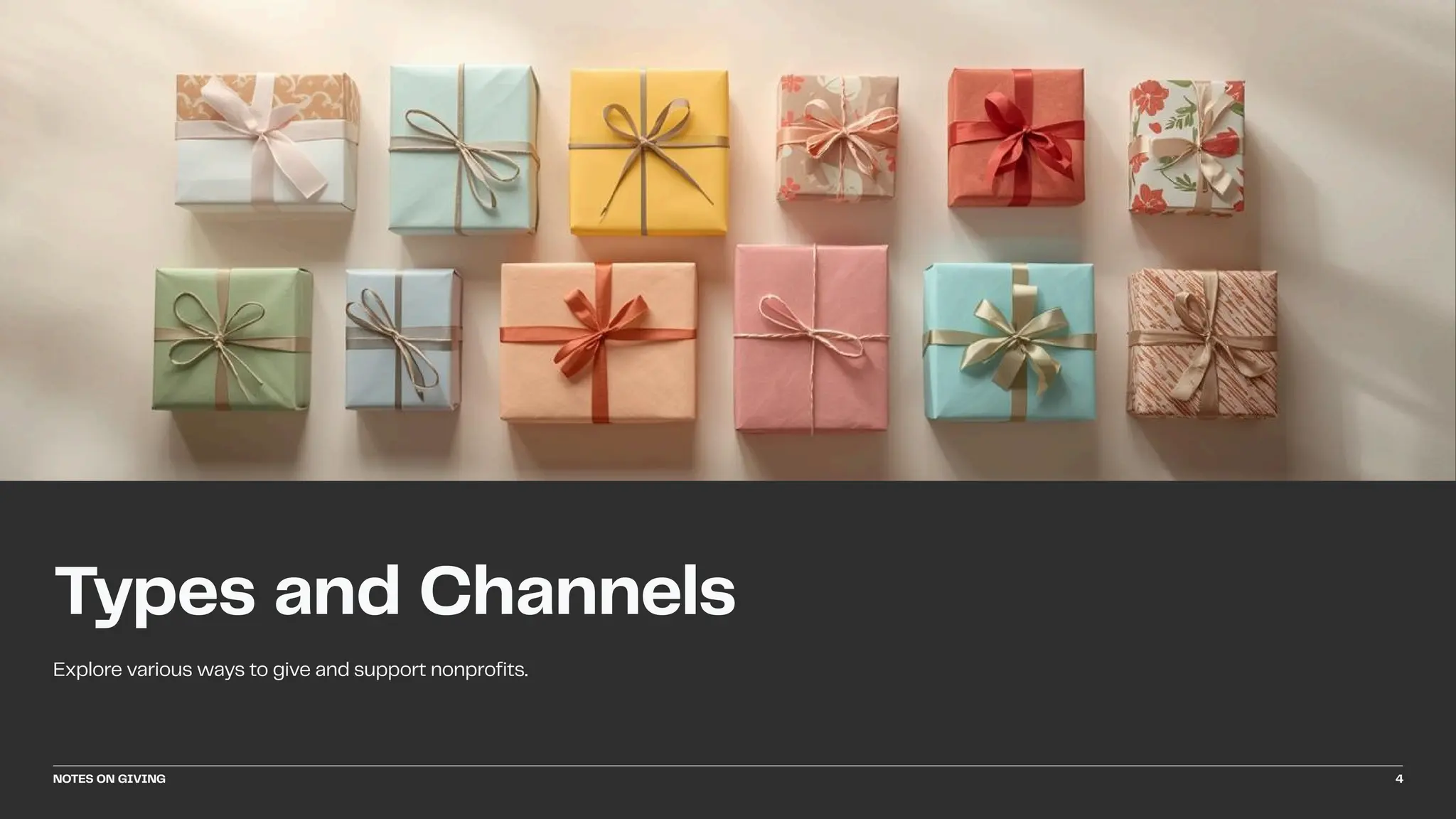 Explore various ways to give and support nonprofits.
Types and Channels
NOTES ON GIVING 4
 