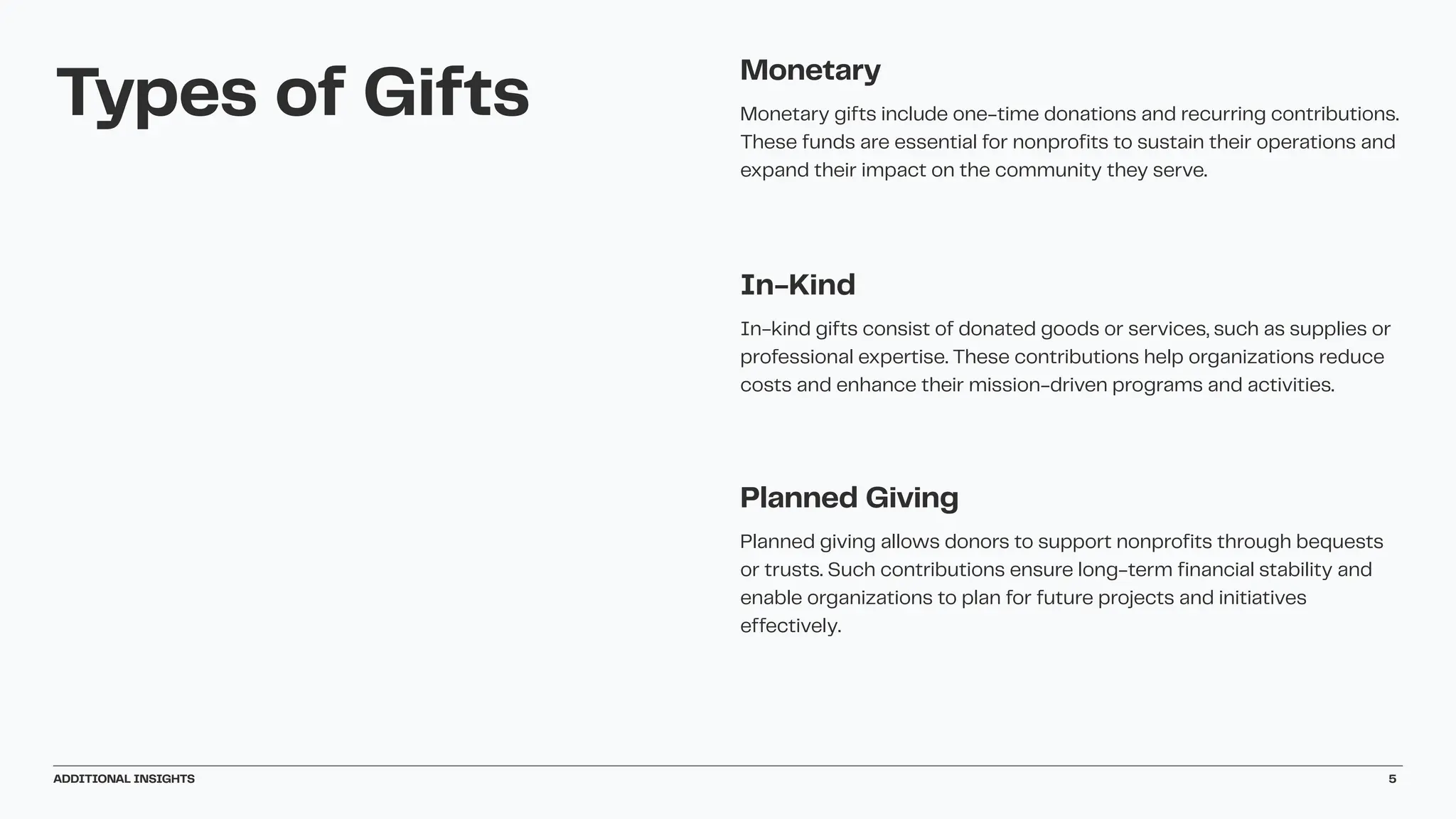 Types of Gifts
Monetary
Monetary gifts include one-time donations and recurring contributions.
These funds are essential for nonprofits to sustain their operations and
expand their impact on the community they serve.
In-Kind
In-kind gifts consist of donated goods or services, such as supplies or
professional expertise. These contributions help organizations reduce
costs and enhance their mission-driven programs and activities.
Planned Giving
Planned giving allows donors to support nonprofits through bequests
or trusts. Such contributions ensure long-term financial stability and
enable organizations to plan for future projects and initiatives
effectively.
ADDITIONAL INSIGHTS 5
 
