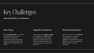 Data Privacy
Ensuring data privacy is crucial as
AI applications require vast
amounts of information,
necessitating robust protections
against unauthorized access and
compliance with regulations like
GDPR.
Integration Complexity
Integrating AI with legacy systems
poses significant challenges due
to outdated technology, often
leading to increased costs and
extended timelines for effective
implementation and operational
efficiency.
Ethical Considerations
Ethical use of AI involves fairness
and transparency, requiring
organizations to establish
guidelines to prevent biases in AI
algorithms, which can negatively
impact decision-making
processes.
KeyChallenges
Addressing Risks in AI Adoption
 