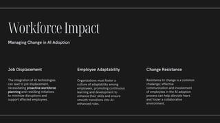 Job Displacement
The integration of AI technologies
can lead to job displacement,
necessitating proactive workforce
planning and reskilling initiatives
to minimize disruptions and
support affected employees.
Employee Adaptability
Organizations must foster a
culture of adaptability among
employees, promoting continuous
learning and development to
enhance their skills and ensure
smooth transitions into AI-
enhanced roles.
Change Resistance
Resistance to change is a common
challenge; effective
communication and involvement
of employees in the AI adoption
process can help alleviate fears
and foster a collaborative
environment.
WorkforceImpact
Managing Change in AI Adoption
 