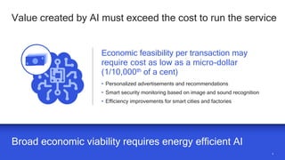 44
Value created by AI must exceed the cost to run the service
Broad economic viability requires energy efficient AI
Economic feasibility per transaction may
require cost as low as a micro-dollar
(1/10,000th of a cent)
• Personalized advertisements and recommendations
• Smart security monitoring based on image and sound recognition
• Efficiency improvements for smart cities and factories
 