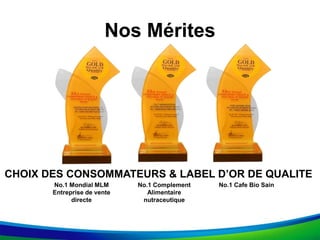 Nos Mérites
CHOIX DES CONSOMMATEURS & LABEL D’OR DE QUALITE
No.1 Mondial MLM
Entreprise de vente
directe
No.1 Complement
Alimentaire
nutraceutique
No.1 Cafe Bio Sain
 