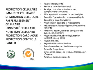 PROTECTION CELLULAIRE
IMMUNITÉ CELLULAIRE
STIMULATION CELLULAIRE
RAFFERMISSEMENT
CELLULAIRE
LONGÉVITÉ CELLULAIRE
NUTRITION CELLULAIRE
PROTECTION CARDIAQUE
PROTECTION CONTRE LE
CANCER
• Favorise la longévité
• Réduit le taux de cholestérol
• Protège contre les maladies et des
complications cardiaques
• Aide à prévenir le cancer de toute origine
• Contrôle l’hypertension pression artérielle
• Contrôle le taux de glycémie
• Augmente et équilibre le métabolisme
• Prévient les maladies dégénératives comme
l’arthrite
• Améliore, nourrit, renforce et équilibre le
système immunitaire
• Augmente la production de glutathion
inhérent à notre corps
• Rajeunit la peau
• Régénère les cellules du foie
• Favorise une bonne circulation sanguine
• Détoxifie l’organisme
• Diminue les risques de fatigue, dépression et
d’anxiété
• Améliore la vitalité sexuelle
 
