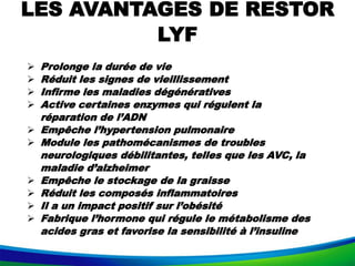 LES AVANTAGES DE RESTOR
LYF
 Prolonge la durée de vie
 Réduit les signes de vieillissement
 Infirme les maladies dégénératives
 Active certaines enzymes qui régulent la
réparation de l’ADN
 Empêche l’hypertension pulmonaire
 Module les pathomécanismes de troubles
neurologiques débilitantes, telles que les AVC, la
maladie d’alzheimer
 Empêche le stockage de la graisse
 Réduit les composés inflammatoires
 Il a un impact positif sur l’obésité
 Fabrique l’hormone qui régule le métabolisme des
acides gras et favorise la sensibilité à l’insuline
 