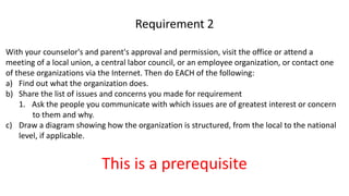 With your counselor's and parent's approval and permission, visit the office or attend a
meeting of a local union, a central labor council, or an employee organization, or contact one
of these organizations via the Internet. Then do EACH of the following:
a) Find out what the organization does.
b) Share the list of issues and concerns you made for requirement
1. Ask the people you communicate with which issues are of greatest interest or concern
to them and why.
c) Draw a diagram showing how the organization is structured, from the local to the national
level, if applicable.
Requirement 2
This is a prerequisite
 