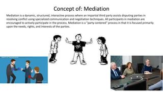 Concept of: Mediation
Mediation is a dynamic, structured, interactive process where an impartial third party assists disputing parties in
resolving conflict using specialized communication and negotiation techniques. All participants in mediation are
encouraged to actively participate in the process. Mediation is a "party-centered" process in that it is focused primarily
upon the needs, rights, and interests of the parties.
 