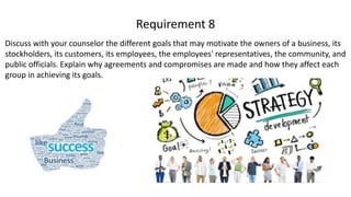 Discuss with your counselor the different goals that may motivate the owners of a business, its
stockholders, its customers, its employees, the employees' representatives, the community, and
public officials. Explain why agreements and compromises are made and how they affect each
group in achieving its goals.
Requirement 8
 