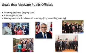 Goals that Motivate Public Officials
• Growing business (paying taxes)
• Campaign support
• Having a voice at local council meetings (city, township, county)
 