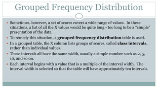Grouped Frequency Distribution
 Sometimes, however, a set of scores covers a wide range of values. In these
situations, a list of all the X values would be quite long - too long to be a “simple”
presentation of the data.
 To remedy this situation, a grouped frequency distribution table is used.
 In a grouped table, the X column lists groups of scores, called class intervals,
rather than individual values.
 These intervals all have the same width, usually a simple number such as 2, 5,
10, and so on.
 Each interval begins with a value that is a multiple of the interval width. The
interval width is selected so that the table will have approximately ten intervals.
 