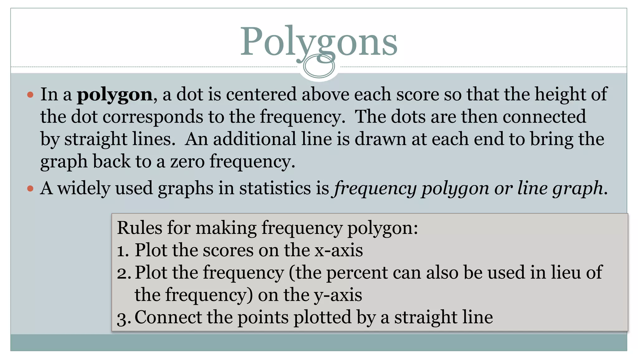 Polygons
 In a polygon, a dot is centered above each score so that the height of
the dot corresponds to the frequency. The dots are then connected
by straight lines. An additional line is drawn at each end to bring the
graph back to a zero frequency.
 A widely used graphs in statistics is frequency polygon or line graph.
Rules for making frequency polygon:
1. Plot the scores on the x-axis
2.Plot the frequency (the percent can also be used in lieu of
the frequency) on the y-axis
3.Connect the points plotted by a straight line
 