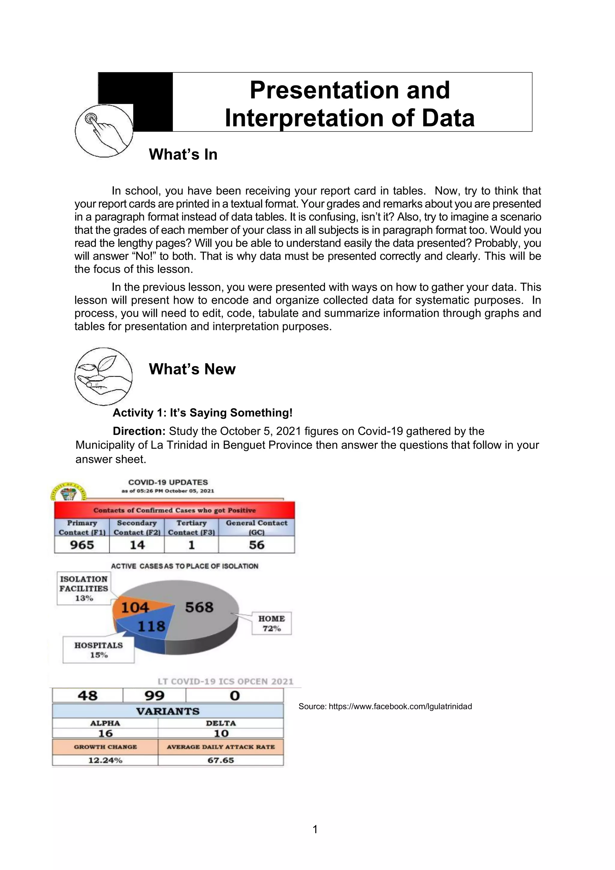 1
What’s In
In school, you have been receiving your report card in tables. Now, try to think that
your report cards are printed in a textual format. Your grades and remarks about you are presented
in a paragraph format instead of data tables. It is confusing, isn’t it? Also, try to imagine a scenario
that the grades of each member of your class in all subjects is in paragraph format too. Would you
read the lengthy pages? Will you be able to understand easily the data presented? Probably, you
will answer “No!” to both. That is why data must be presented correctly and clearly. This will be
the focus of this lesson.
In the previous lesson, you were presented with ways on how to gather your data. This
lesson will present how to encode and organize collected data for systematic purposes. In
process, you will need to edit, code, tabulate and summarize information through graphs and
tables for presentation and interpretation purposes.
What’s New
Activity 1: It’s Saying Something!
Direction: Study the October 5, 2021 figures on Covid-19 gathered by the
Municipality of La Trinidad in Benguet Province then answer the questions that follow in your
answer sheet.
Source: https://www.facebook.com/lgulatrinidad
Presentation and
Interpretation of Data
 