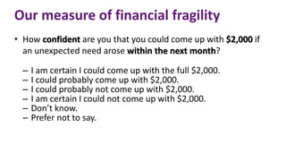 Our measure of financial fragility
• How confident are you that you could come up with $2,000 if
an unexpected need arose within the next month?
– I am certain I could come up with the full $2,000.
– I could probably come up with $2,000.
– I could probably not come up with $2,000.
– I am certain I could not come up with $2,000.
– Don’t know.
– Prefer not to say.
 