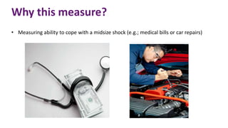Why this measure?
• Measuring ability to cope with a midsize shock (e.g.; medical bills or car repairs)
 