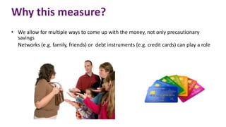 Why this measure?
• We allow for multiple ways to come up with the money, not only precautionary
savings
Networks (e.g. family, friends) or debt instruments (e.g. credit cards) can play a role
 