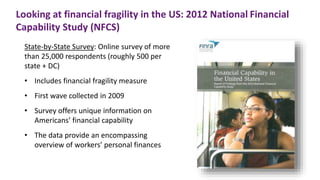 Looking at financial fragility in the US: 2012 National Financial
Capability Study (NFCS)
State-by-State Survey: Online survey of more
than 25,000 respondents (roughly 500 per
state + DC)
• Includes financial fragility measure
• First wave collected in 2009
• Survey offers unique information on
Americans’ financial capability
• The data provide an encompassing
overview of workers’ personal finances
 