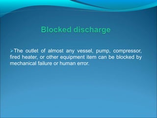 The outlet of almost any vessel, pump, compressor,
fired heater, or other equipment item can be blocked by
mechanical failure or human error.
 