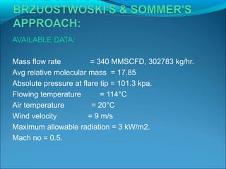 AVAILABLE DATA:
Mass flow rate = 340 MMSCFD, 302783 kg/hr.
Avg relative molecular mass = 17.85
Absolute pressure at flare tip = 101.3 kpa.
Flowing temperature = 114°C
Air temperature = 20°C
Wind velocity = 9 m/s
Maximum allowable radiation = 3 kW/m2.
Mach no = 0.5.
 