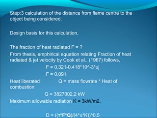 Step:3 calculation of the distance from flame centre to the
object being considered.
Design basis for this calculation,
The fraction of heat radiated F = ?
From thesis, emphirical equation relating Fraction of heat
radiated & jet velocity by Cook et al.. (1987) follows,
F = 0.321-0.418*10^-3*uj
F = 0.091
Heat liberated Q = mass flowrate * Heat of
combustion
Q = 3827002.2 kW
Maximum allowable radiation K = 3kW/m2.
D = ((τ*F*Q)/(4*π*K))^0.5
 