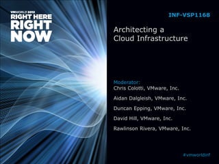 Architecting a
Cloud Infrastructure
Moderator:
Chris Colotti, VMware, Inc.
Aidan Dalgleish, VMware, Inc.
Duncan Epping, VMware, Inc.
David Hill, VMware, Inc.
Rawlinson Rivera, VMware, Inc.
INF-VSP1168
#vmworldinf
 