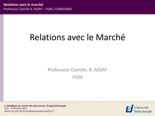 Relations avec le marché
Professeur Camille K. ASSAF – FGM / CEMADIMO




                Relations avec le Marché


                            Professeur Camille. K. ASSAF
                                        FGM
 