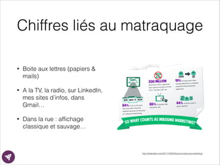 Chiffres liés au matraquage
• Boite aux lettres (papiers &
mails)
• A la TV, la radio, sur LinkedIn,
mes sites d’infos, dans
Gmail…
• Dans la rue : afﬁchage
classique et sauvage…
http://mashable.com/2011/10/30/inbound-outbound-marketing/
 