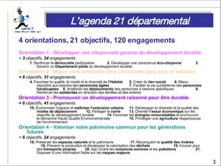4 orientations, 21 objectifs, 120 engagements Orientation 1 - Développer une citoyenneté garante du développement durable   =  3  objectifs,  24  engagements 1.  Renforcer la  démocratie  participative 2.  Développer une conscience  éco-citoyenne 3.  Devenir un  Département pilote  du développement durable Orientation 2 - Mieux vivre ensemble dans une société plus sûre et solidaire   = 6  objectifs,  31  engagements 4.  Favoriser la qualité, la mixité et la diversité de  l’Habitat 5.  Créer du  lien social     6.  Mieux répondre aux besoins des  personnes âgées   7.  Faciliter la vie quotidienne des  personnes handicapées 8.  Améliorer les  déplacements  des personnes à besoins spécifiques 9.  Renforcer les  solidarités  en direction des familles et des enfants Orientation 3 - Promouvoir un développement raisonné pour être durable   = 6  objectifs,  41  engagements 10.  Économiser l’espace et  maîtriser l’extension urbaine 11.  Développer la diversité et la qualité des  modes de déplacement     12.  Partager la  voirie   13.  Orienter  l’essor économique  sur les objectifs du développement durable  14.  Favoriser les  énergies renouvelables  et promouvoir la démarche Haute Qualité Environnementale 15.  Privilégier une  agriculture  respectueuse de l’environnement Orientation 4 - Valoriser notre patrimoine commun pour les générations futures   =  6  objectifs,  24  engagements 16.  Préserver les  espaces naturels  et le patrimoine   17.  Reconquérir la  qualité des rivières 18.  Prévenir la production et développer la valorisation des  déchets 19.  Innover pour des  transports propres 20.  Agir contre les  nuisances sonores  et les  pollutions 21.  Disposer d’une information fiable sur les  risques majeurs L’agenda 21 départemental 